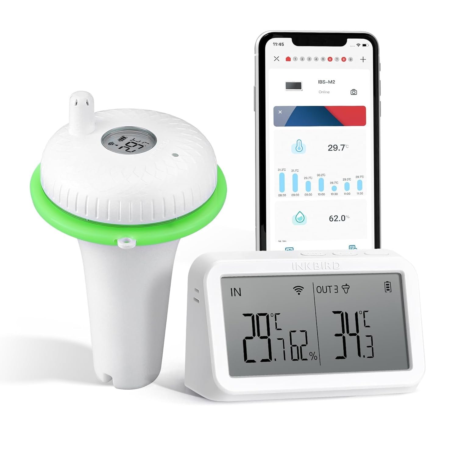 Smart home temperature and humidity monitoring devices including a digital thermometer and hygrometer, a wireless temperature sensor, and a smartphone app displaying temperature and humidity data.