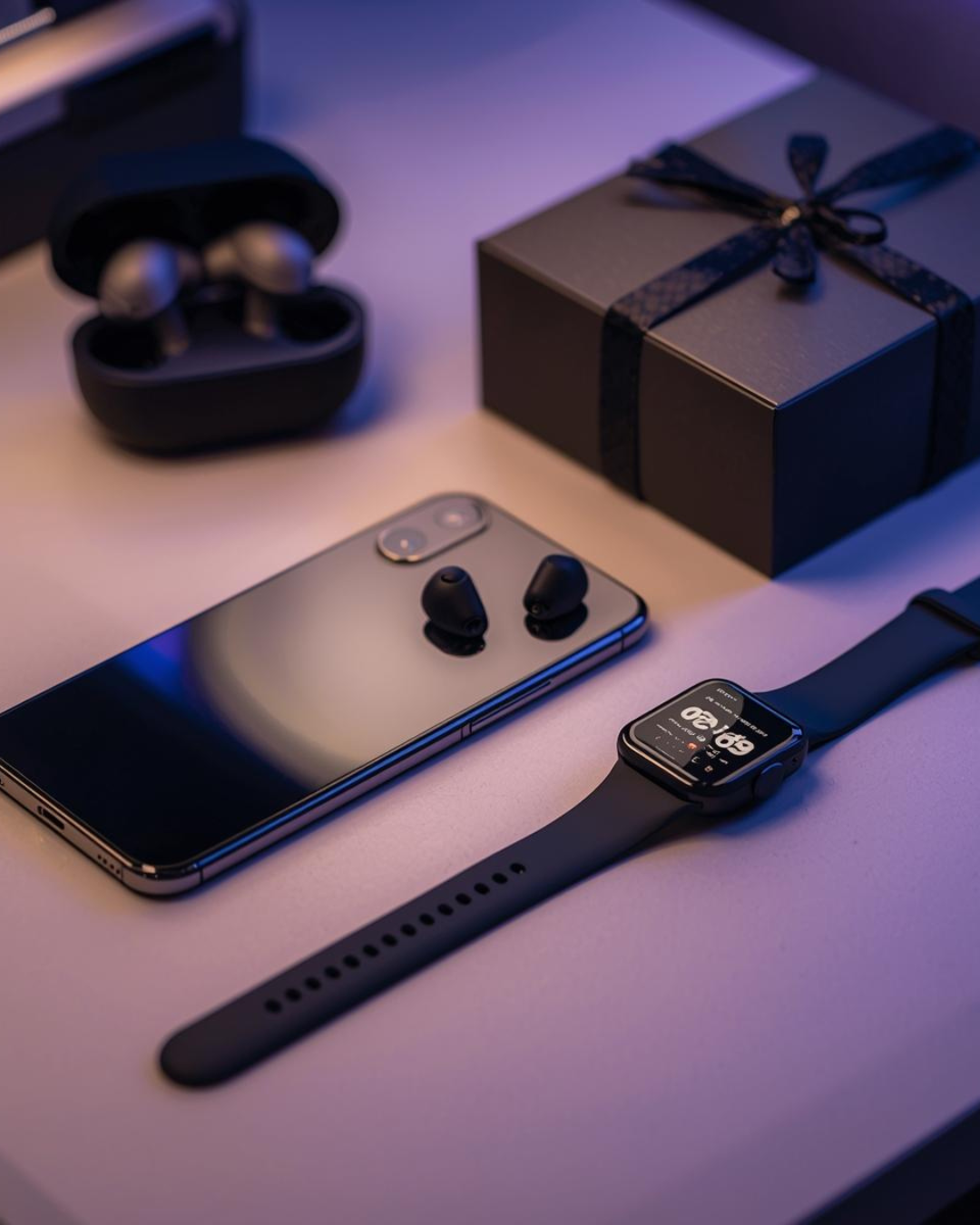 A smartwatch, a smartphone with wireless earbuds, a gift box with a ribbon, and a case of wireless earbuds placed on a white surface.