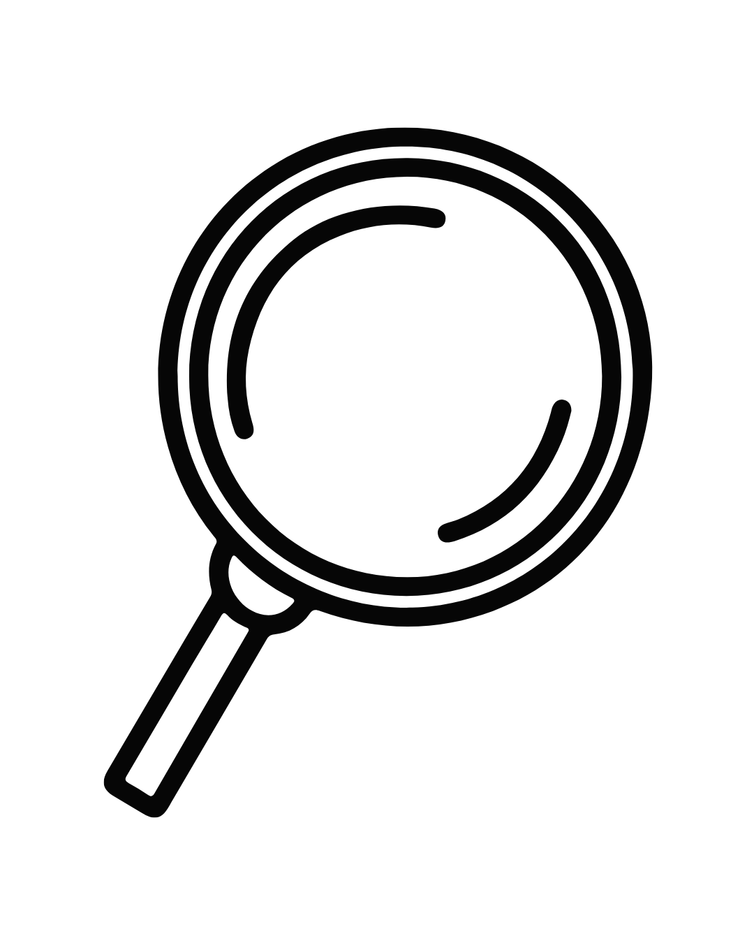 Line drawing of a magnifying glass, showing the glass and handle.