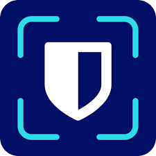 A logo with a shield symbol inside a square frame, using shades of blue.