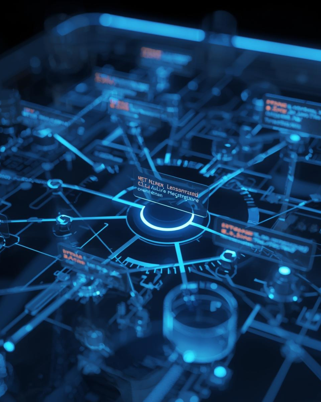 Futuristic digital interface displaying a network map with glowing blue lines and nodes, with text labels.