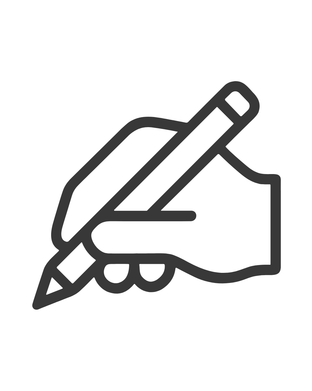 Outline of a hand holding a pencil, writing or drawing.