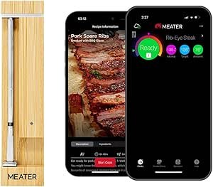 Smartphone displaying the MEATER app with a meat thermometer cooking pork spare ribs, showing temperature and readiness status.