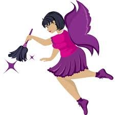 Animated witch flying with a broomstick, wearing a purple dress and hat, with purple hair and a large purple scarf.