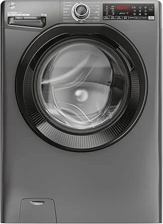 Front-loading washing machine in gray color with digital control panel and door closed.