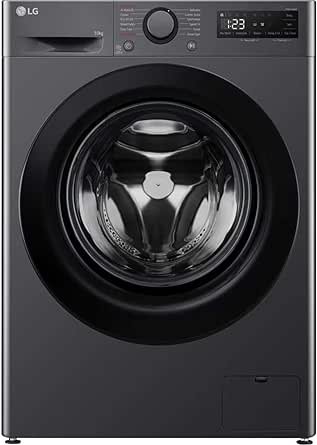 Gray LG front-loading washing machine with digital display and control knob