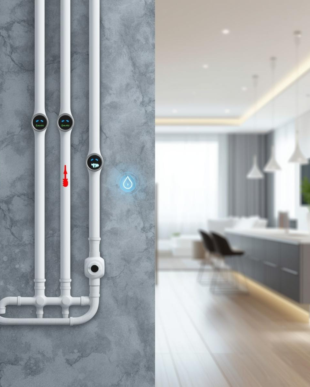 Smart home water and temperature control pipes on a concrete wall in a modern kitchen.