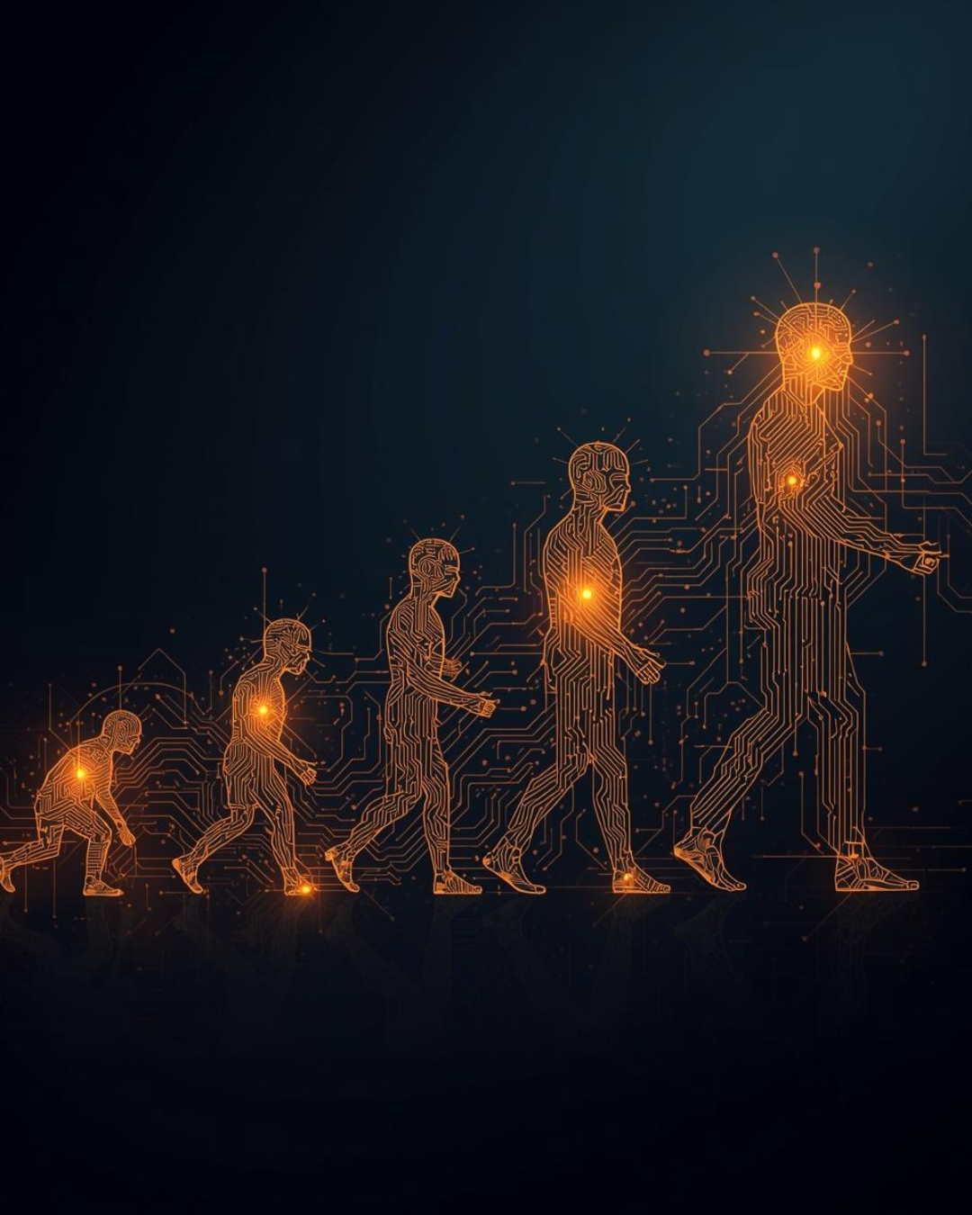 Digital illustration of human evolution, showing a progression from a small, primitive figure to a large, advanced robot-like figure, with glowing lines and circuit patterns.