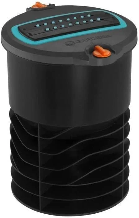 A black aeration or de-icing device with an orange handle on top and a layered black base.