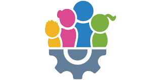 Stylized icon of four diverse people with a gear underneath, representing teamwork or community.