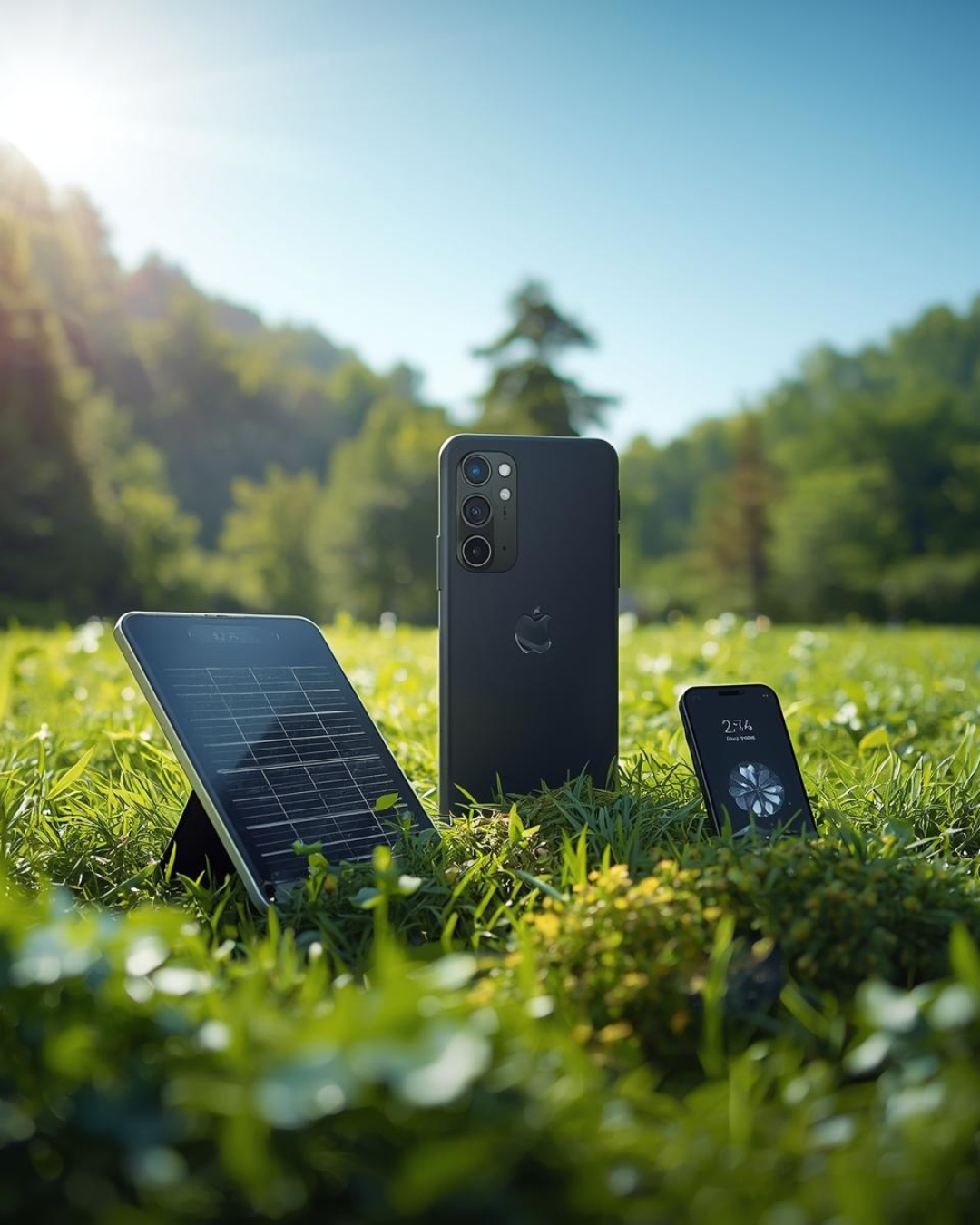 A smartphone, a solar panel, and another small device are placed on the grass in an outdoor setting with trees and sunlight in the background.