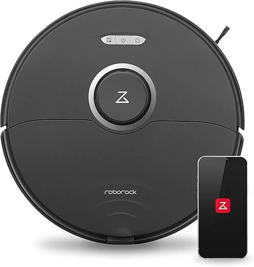 Black robotic vacuum cleaner with a smartphone showing a red Z logo, and control buttons on top.