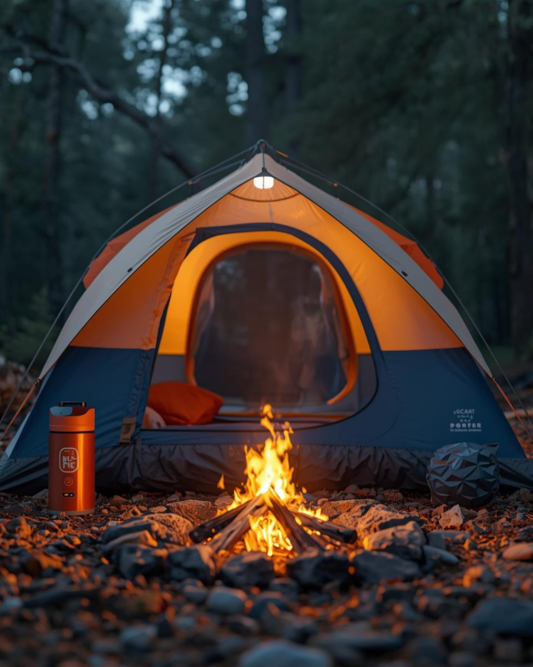 An orange and gray camping tent set up in a forested area at dusk with a small campfire in front of it, a water bottle to the left, and a gray bag to the right.