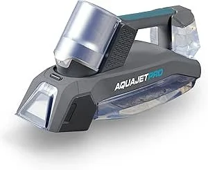 A water flosser with a black base, a clear water reservoir, and an adjustable nozzle, labeled AquaJet Pro.