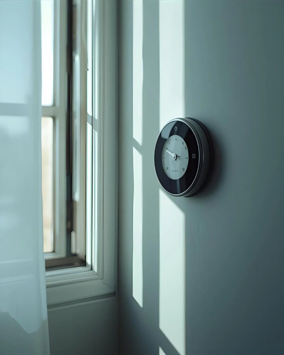 A modern round black and white wall clock on a white wall, with sunlight casting shadows through a window.