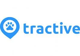 The image shows a blue map pin icon with a paw print inside, next to the word 'tractive' in blue text.