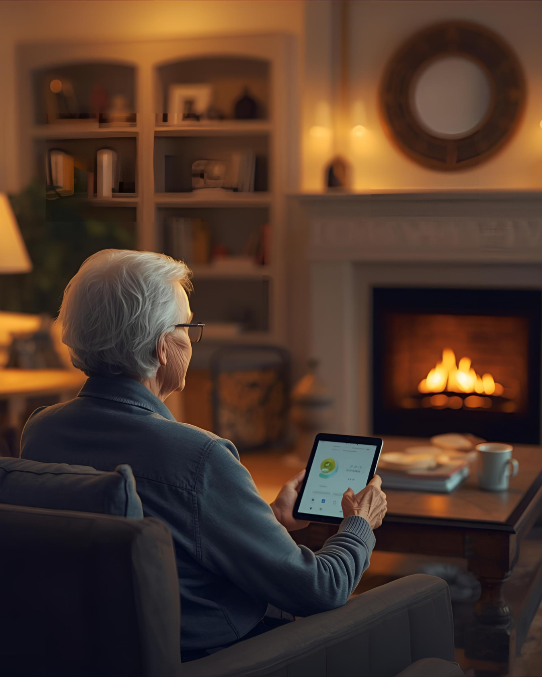 An elderly woman with white hair and glasses sitting on a couch, looking at a tablet in a cozy living room with a lit fireplace, bookshelves, and warm lighting.
