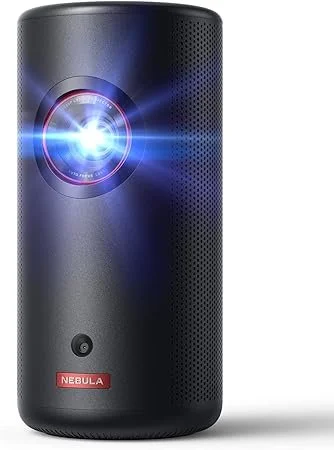 A cylindrical Nebula laser projector emitting a bright blue light.