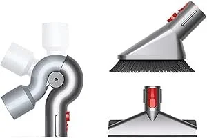 Multiple vacuum cleaner attachments, including a flexible hose, a brush head, and a flat nozzle.