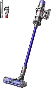 Purple cordless vacuum cleaner with a transparent dustbin and a detachable handheld unit.