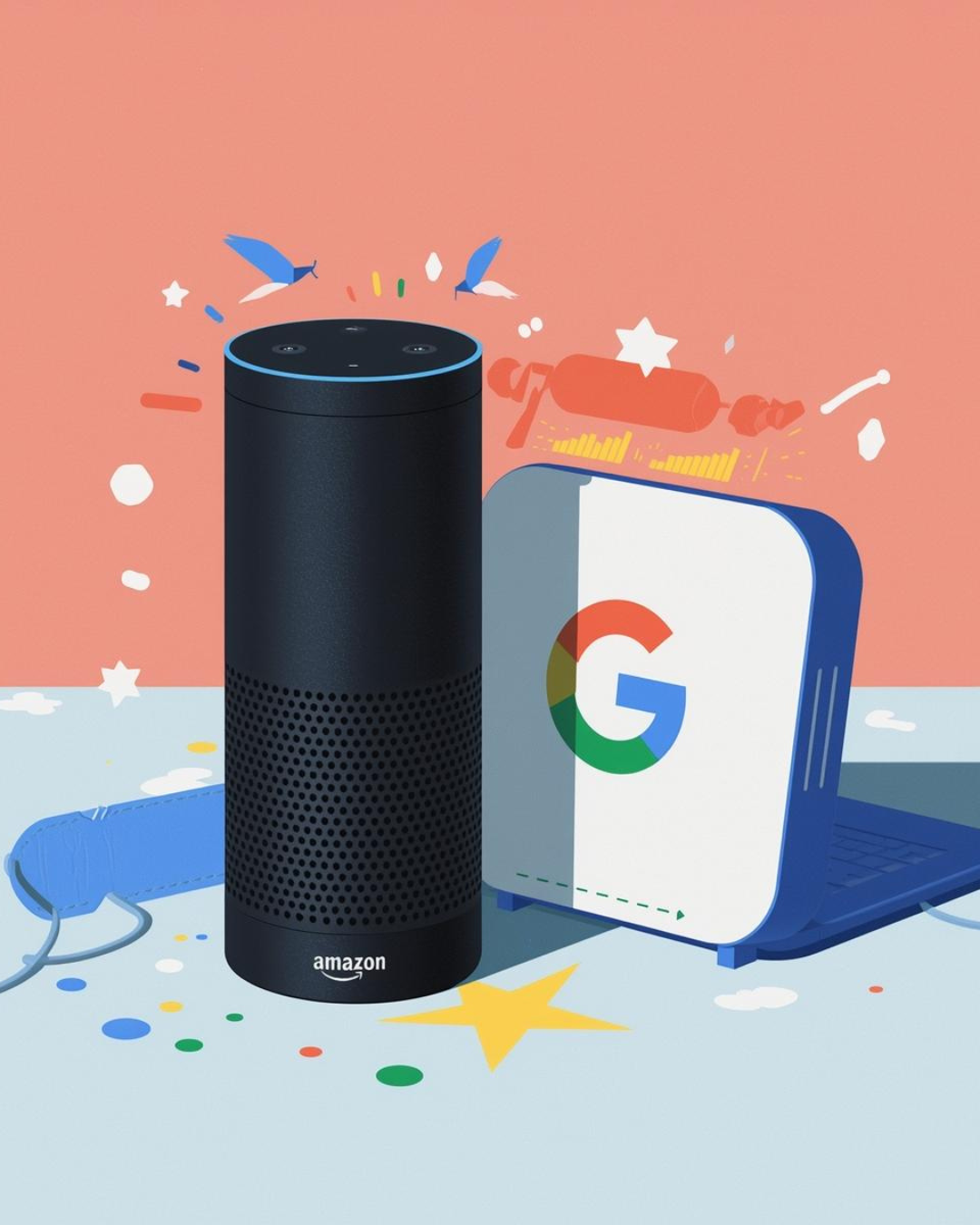 Illustration of an Amazon Echo smart speaker, a Chromebook laptop with Google logo, and a blue streaming device with a cord, surrounded by colorful confetti and decorative elements.