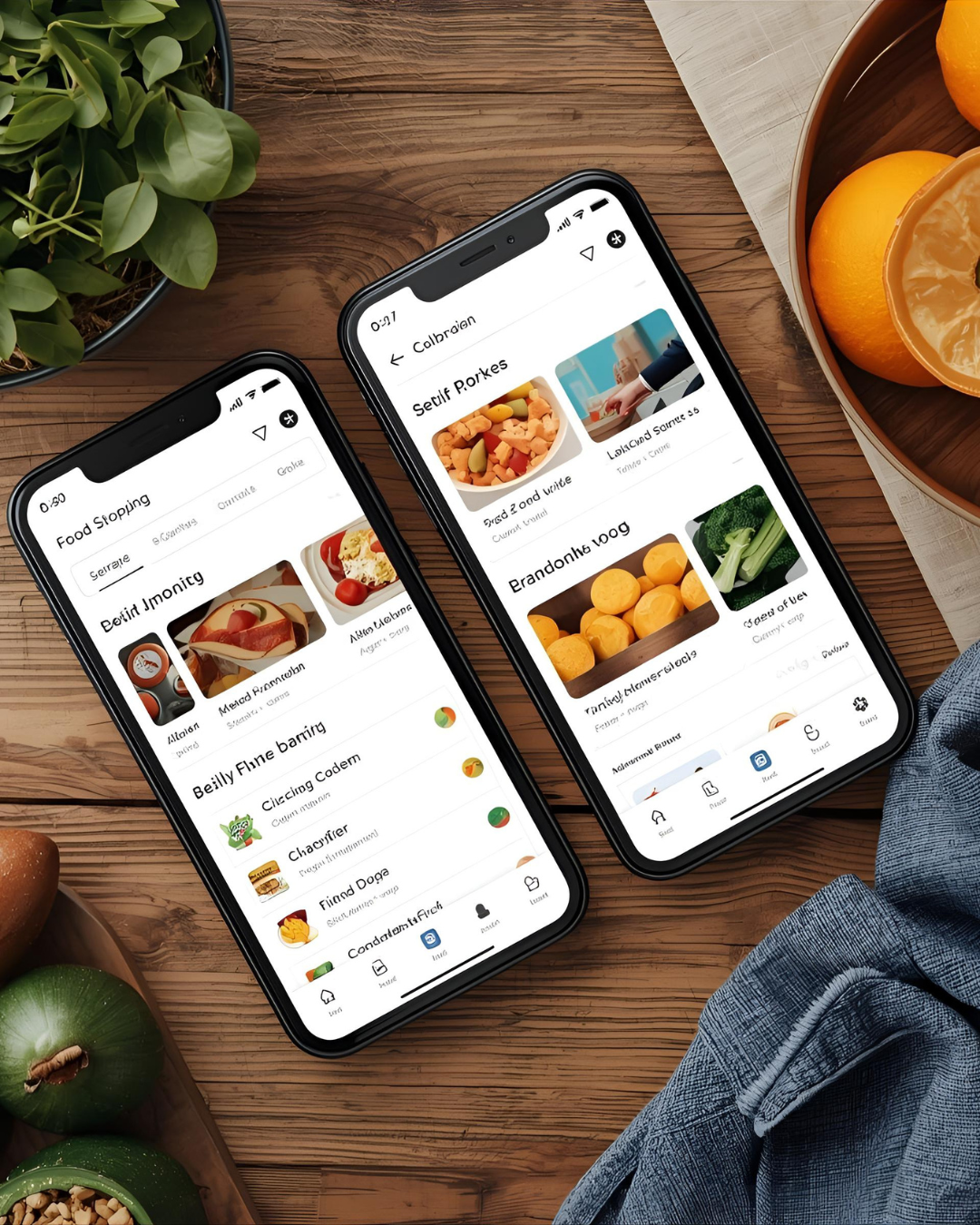 Two smartphones displaying grocery shopping apps on a wooden table, surrounded by fresh produce including oranges, apples, and herbs.