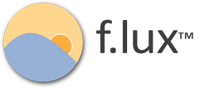 Logo of f.lux with an abstract sunrise over a hill in the background.