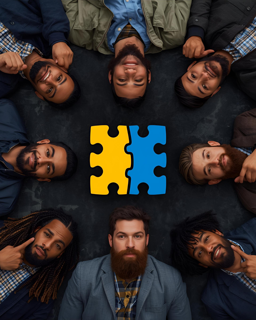 Group of seven diverse men lying in a circle on the floor with their heads toward the center, around two interlocking puzzle pieces, one yellow and one blue.