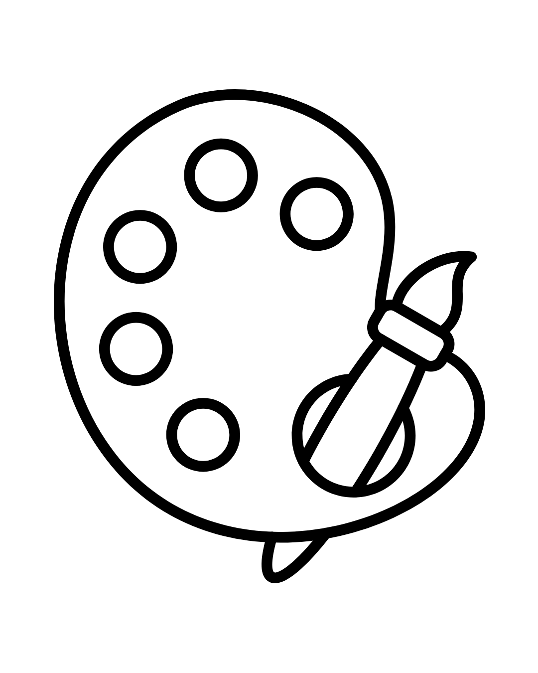 Black and white line drawing of an artist's palette with five circular paint wells and a paintbrush resting on the palette.