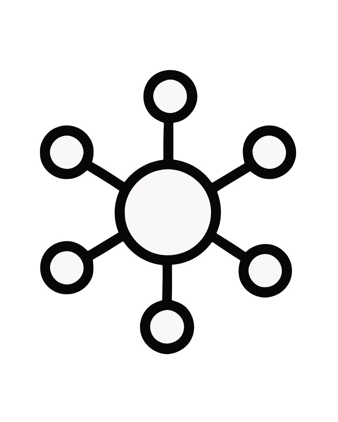 Icon of a molecule with a central circle connected to eight surrounding circles by lines.