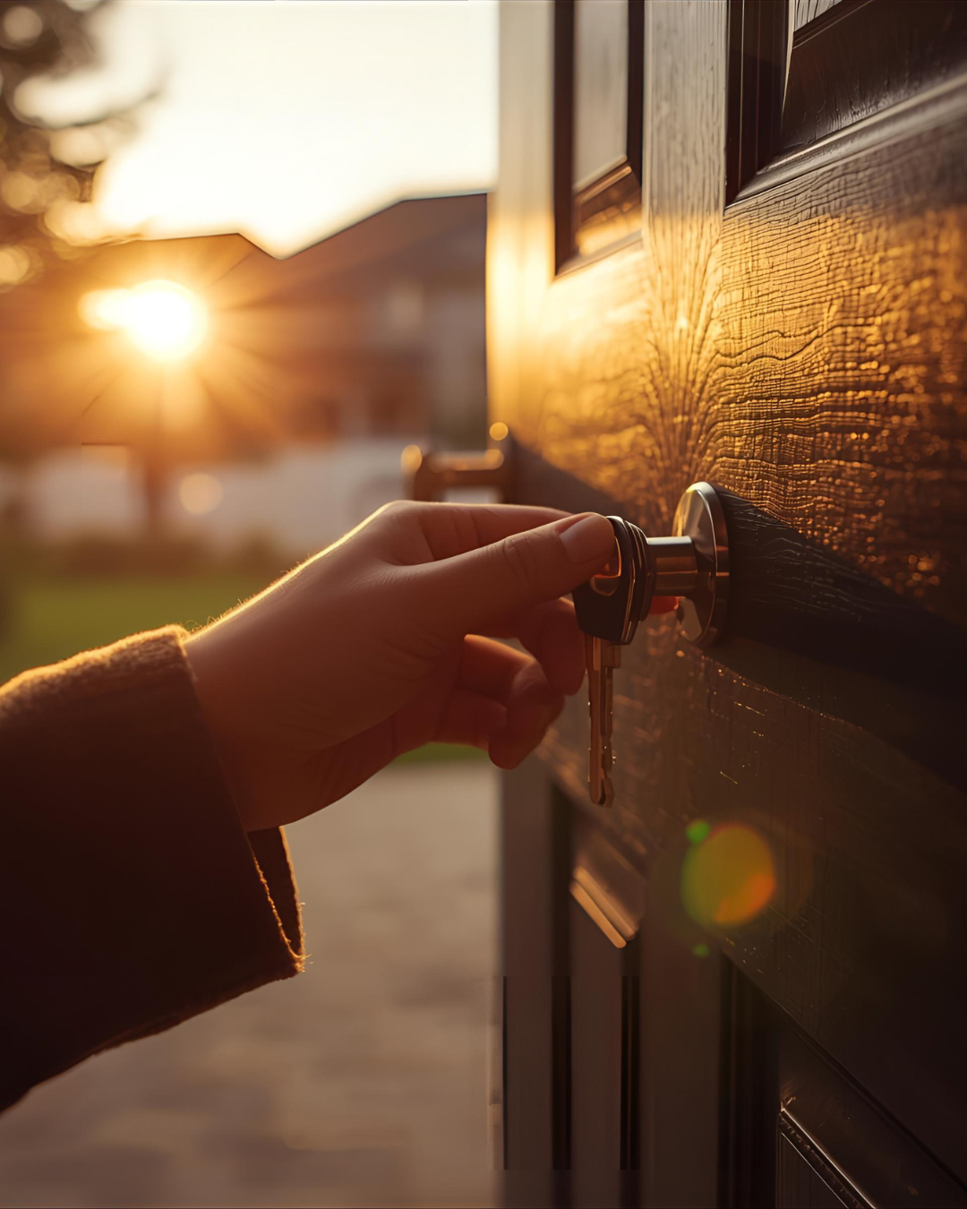 A person holding a key near a mailbox during sunset.