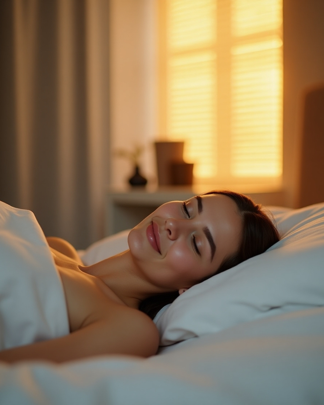 A woman with dark hair and makeup lying peacefully in bed with closed eyes, in a bedroom with warm lighting and a window with blinds in the background.