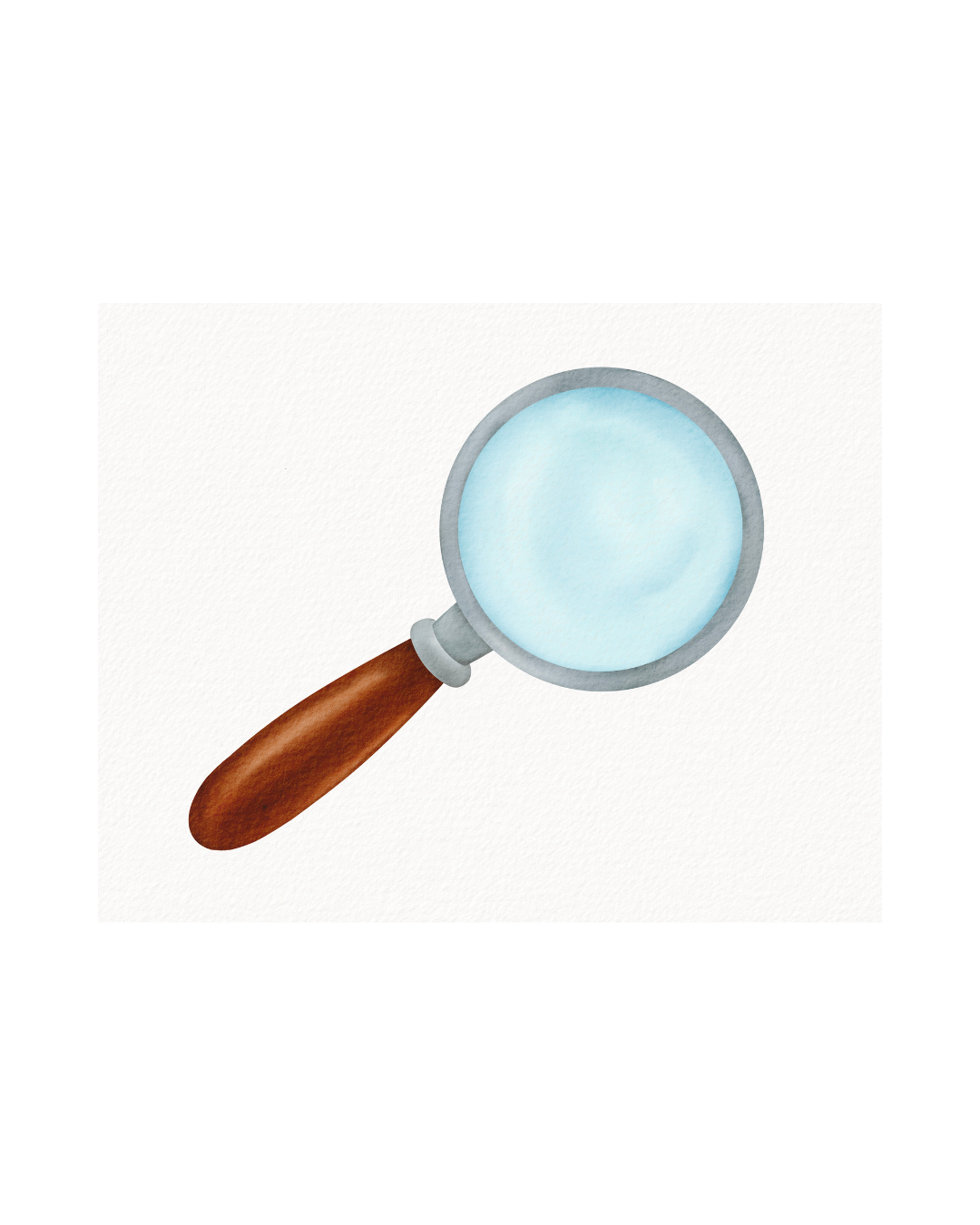 Illustration of a magnifying glass with a brown handle and a silver rim, viewed from above against a white background.