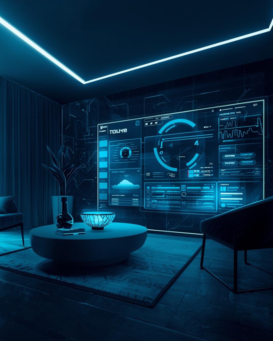 Futuristic living room with large digital holographic display showing data and graphs, modern furniture, and interior lighting.