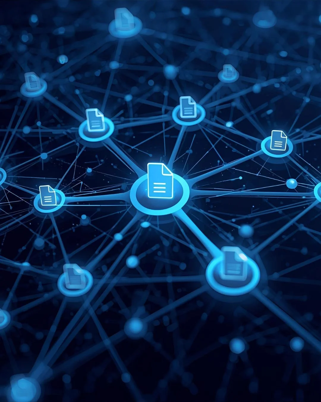 Digital illustration of a data network with icons of documents connected by lines, symbolizing interconnected digital files.