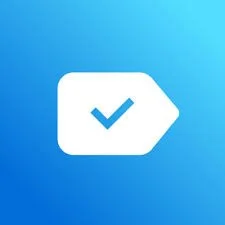 Blue background with a white tag-shaped icon containing a blue checkmark inside.