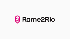 Logo with a pink location pin symbol followed by the text 'Rome2Rio' in black and pink