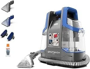 Commercial floor cleaning machine with blue and black body and a transparent water tank, alongside cleaning accessories including brushes, a scrubber, and cleaning solution bottles.