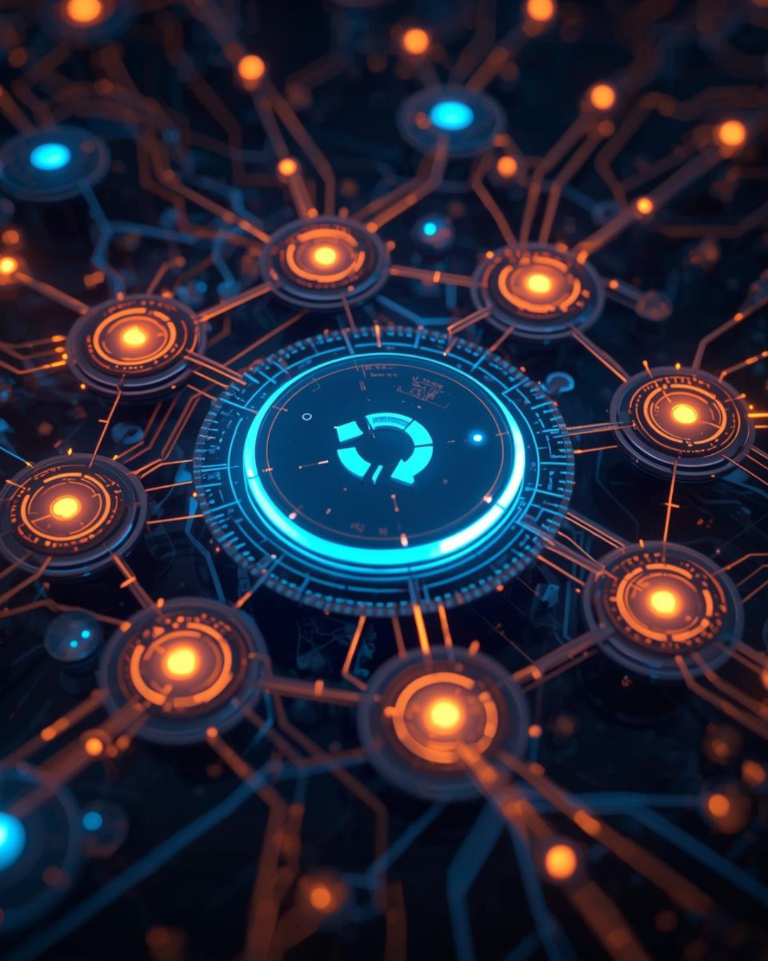 A digital interface with interconnected glowing nodes, central circular display, and futuristic design elements.