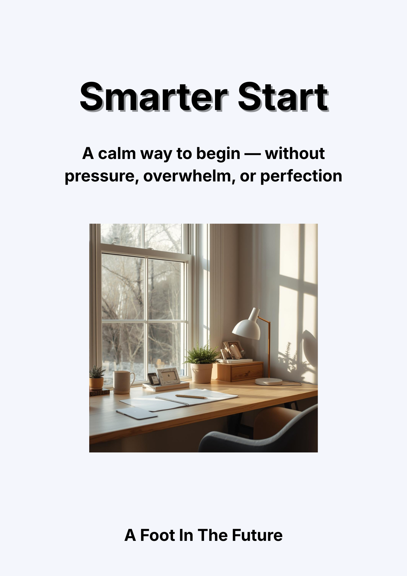 A cozy workspace with a wooden desk by a window with sunlight streaming in, featuring a desk lamp, potted plants, a cordless phone, notebooks, and a chair.