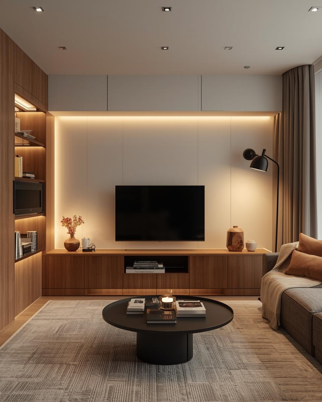 Modern living room with a flat-screen TV mounted on a white wall, wooden cabinetry, a black coffee table with books and a candle, a beige sofa with pillows, and a black floor lamp, illuminated by recessed ceiling lights and ambient lighting.