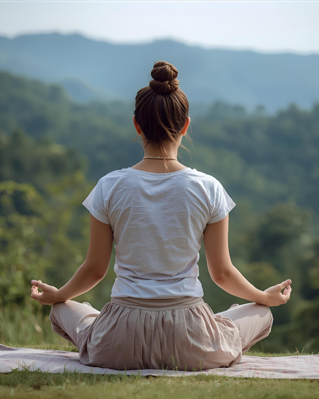 A woman practicing yoga outdoors on a mat, sitting cross-legged with her back to the camera, overlooking a green mountain landscape.