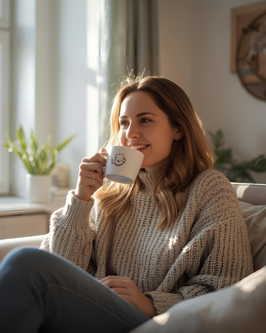 A woman with light brown hair sitting on a couch, smiling and drinking from a white mug with a happy face drawing, in a sunlit living room with houseplants in the background.