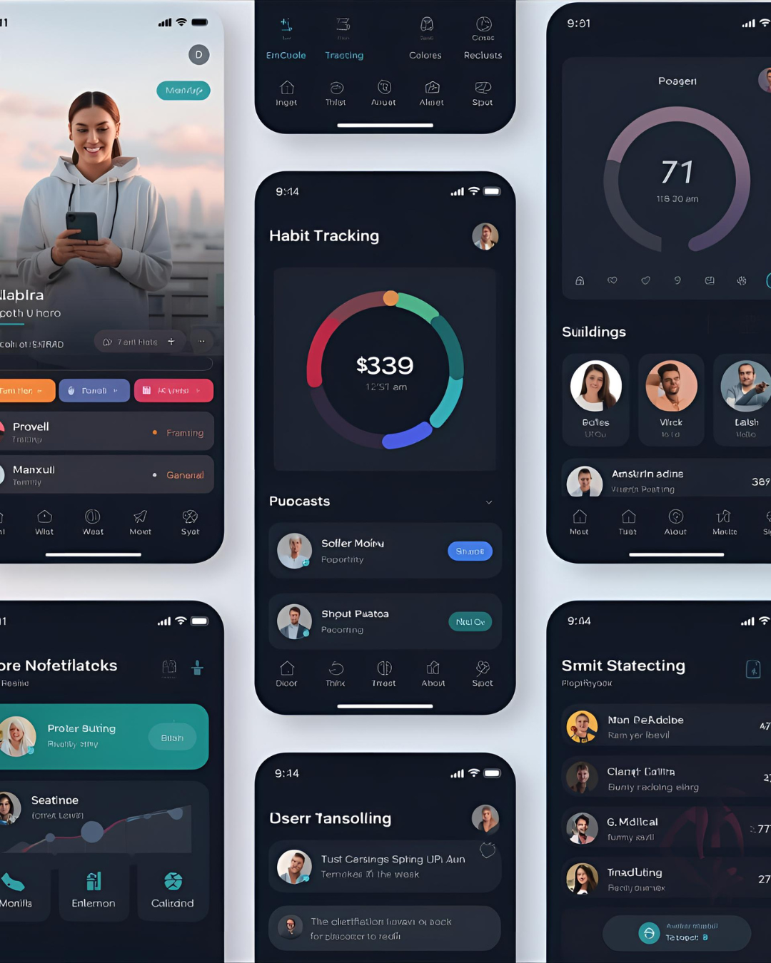 Collection of mobile app screens displaying health, habit tracking, social, and productivity data with a woman in the background smiling at her phone.