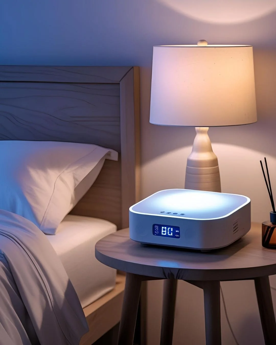 A bedside table with a digital alarm clock and humidifier, next to a bed with white linens, in a dimly lit bedroom with a table lamp.