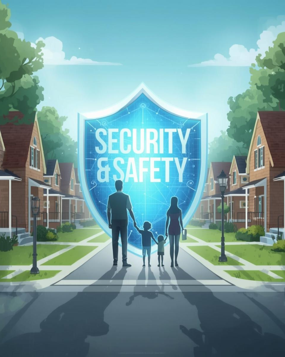 Family walking in neighborhood with a large shield-shaped sign that reads 'Security & Safety' in the background.