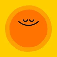 Smiling sun with closed eyes on a yellow background.