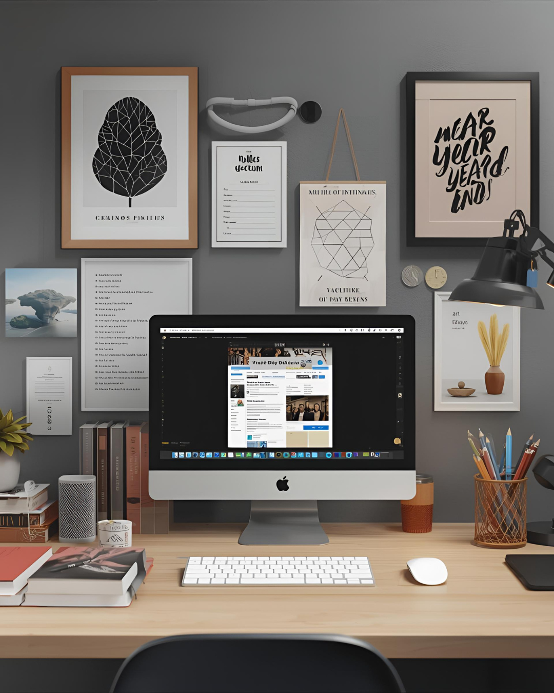 Home office workspace with a desktop computer, books, framed art, a desk lamp, and decorative wall art on a gray wall.