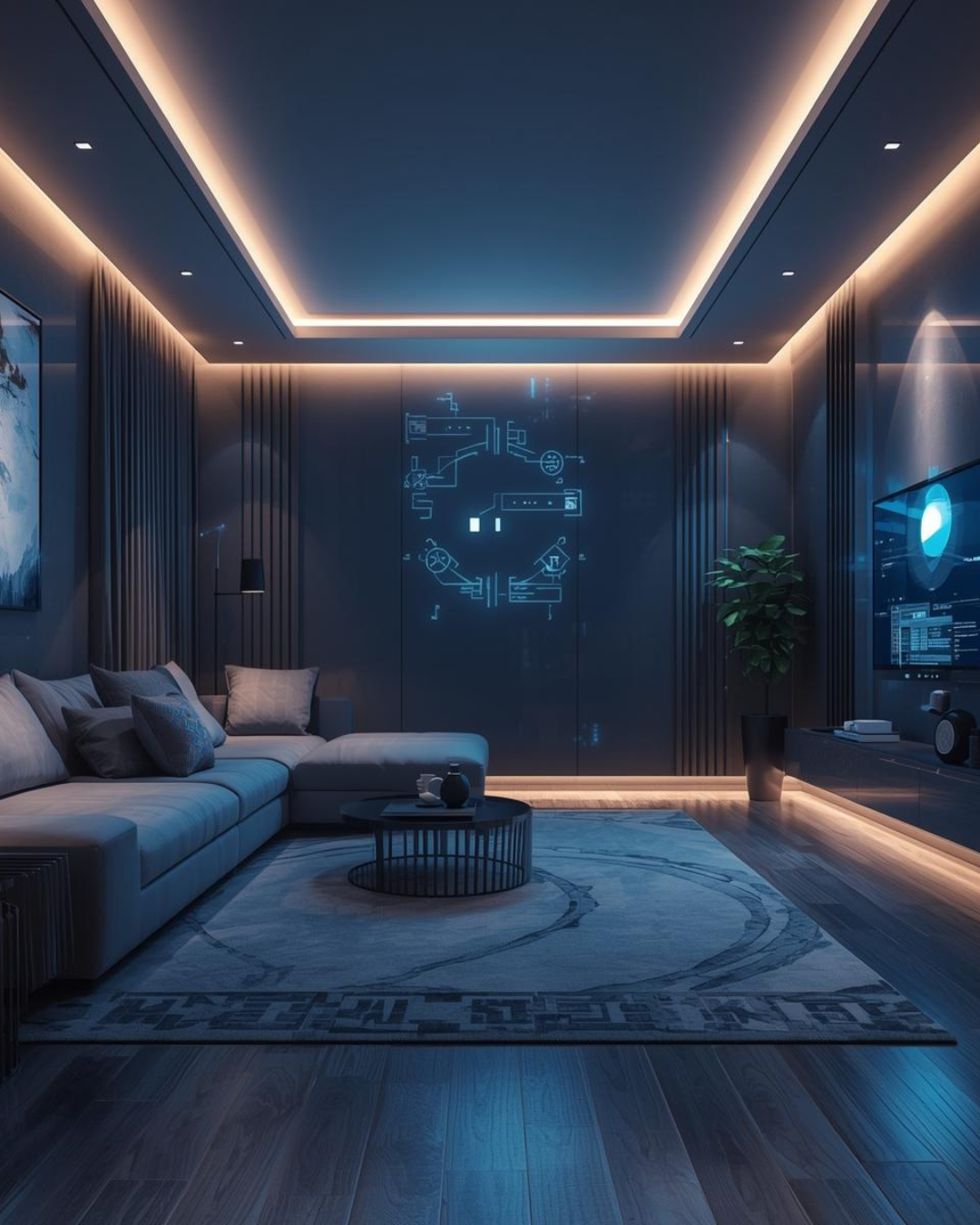 Modern living room with dark walls, a large L-shaped sofa with pillows, a round coffee table, a rug, a large wall-mounted TV, a potted plant, and ambient LED lighting around the ceiling and floor.