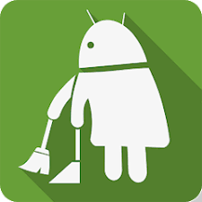 Android robot dressed as a woman with a dress, holding a broom and a dustpan, on a green background.